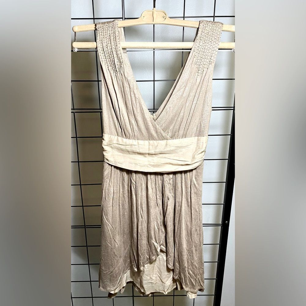 Purple Hearts gray/sand dress with plunging neckline and bead embellishment EUC